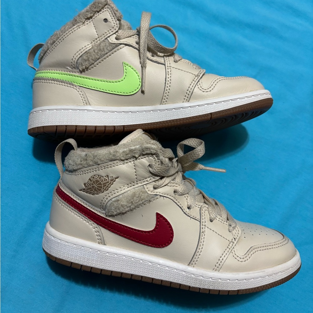 Jordan Kids Beige High-Top Sneakers with Red and Neon Green Swooshes